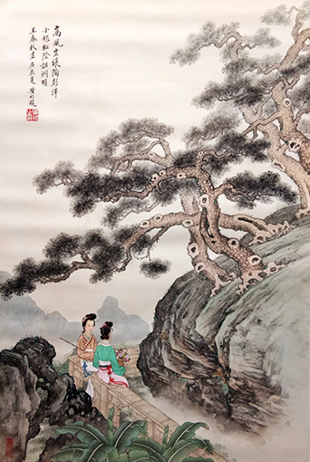 《松荫采菊仕女图》规格：56cm x88cm  2000年6月作（黄均提款）